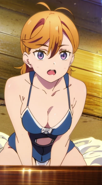 、（Best Quality, masutepiece, 超A high resolution,Photorealsitic、Official art,top-quality、）、Sunny Beach、artoria、maikurobikini、Colossal 、kindly smile、Smile embarrassedly、Sleeveless、Chignon Hairstyles、Squat and open your 、