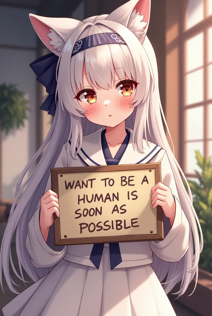 masterpiece、Highest quality、Detailed、Fantasy、A well-proportioned kemonomimi girl、I want to be a human as soon as possible！A placard that read、