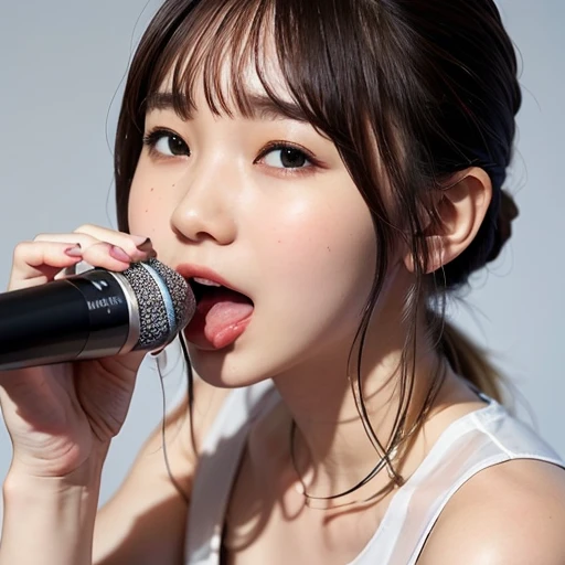 Highest quality、Highest quality、Detailed skin type、Accurate anatomy、Beautiful Face、Wet lips、Precise lips and tongue、Liquid dripping from tongue、Detailed tongue、Accurate Nose、grabbing a microphone、Hold the microphone with both hands、Correct grip、Open your mouth, close your eyes、Beautiful clavicle、(White lightweight tank top、See through、Perfect fit for your skin:1.5)、Small breasts、Beautiful cleavage、Center chest detail、Sweaty skin、Accurate anatomy、(Press your tongue against the microphone:1.3)、(Licking a light brown penlight:1.5)、Wet light brown penlight、Soft Microphone、Tongue touching the microphone、(Light brown microphone、Hold two microphones in each hand:1.5)、The penlight goes into the mouth、(humiliation、An expression of patience:1.6)、(The microphone hits your teeth)、