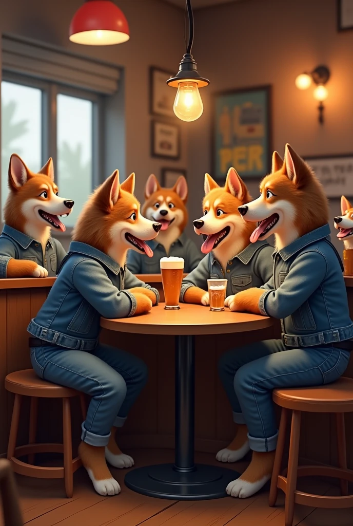 7 dogs in a bar drinking beer in denim clothes