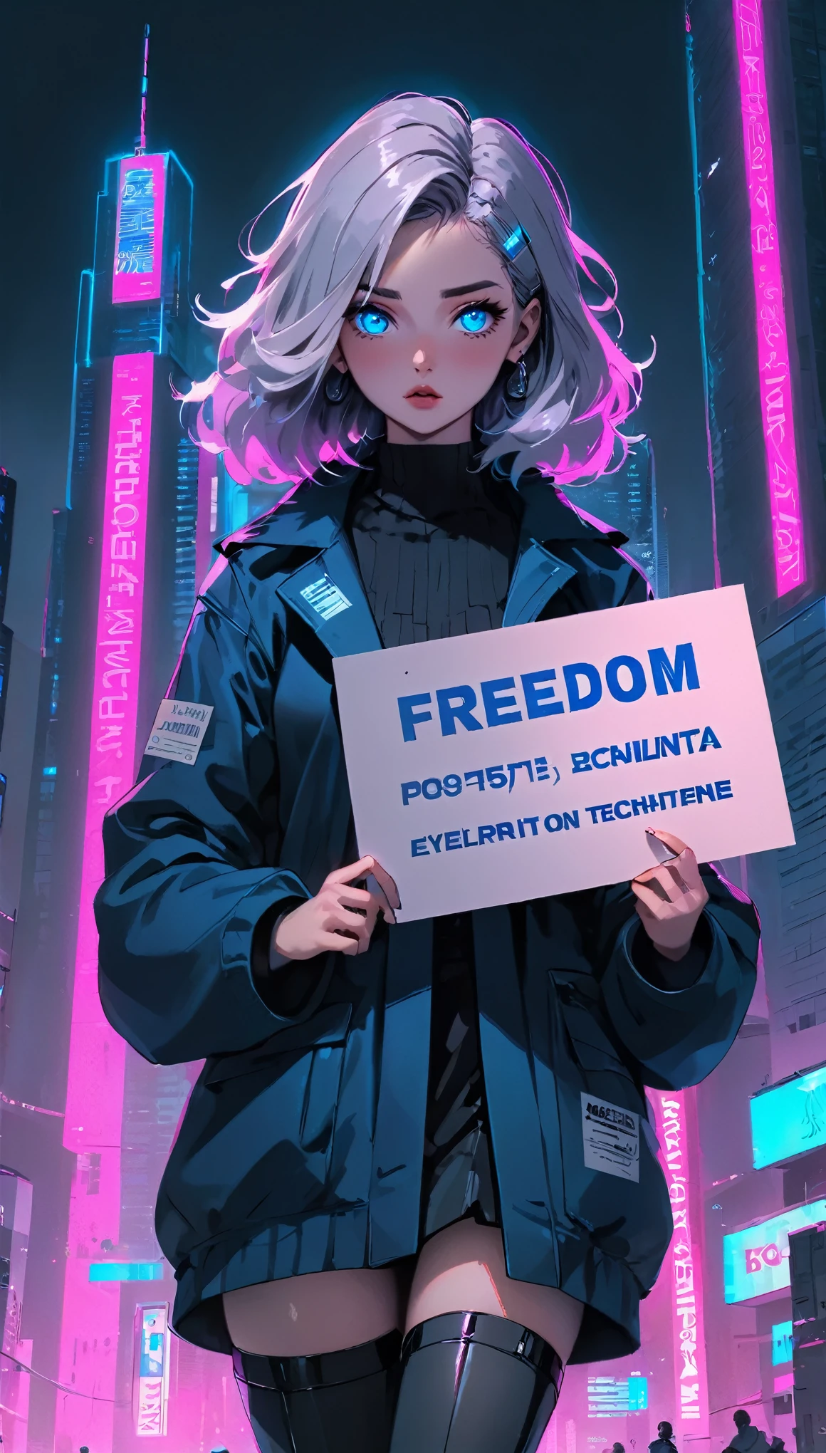 Academic Art Cyberpunk vaporwave city A cute woman with intricately detailed blue eyes holding a sign with the words "Freedom" written in large bold writing.. Neon skyscrapers, dark streets, 80s grid art, sci-fi dystopia, Academic Art, often for academic techniques, formal compositions, or academic subjects.