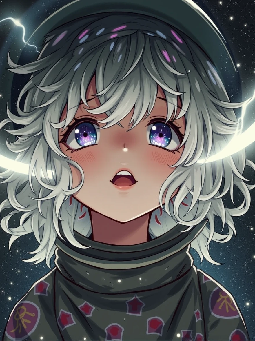 (Close-up of a better masterpiece:1.5)0.9], (Space and astronauts:1.2) (Messy silver hair:1.1) (Heterochromia xanthochromia and blue eyes:1.2) (Space Helmet:1.0) (Colored stars in the eyes:1.0) (A radiant glow:1.1) (thick lips:0.9)