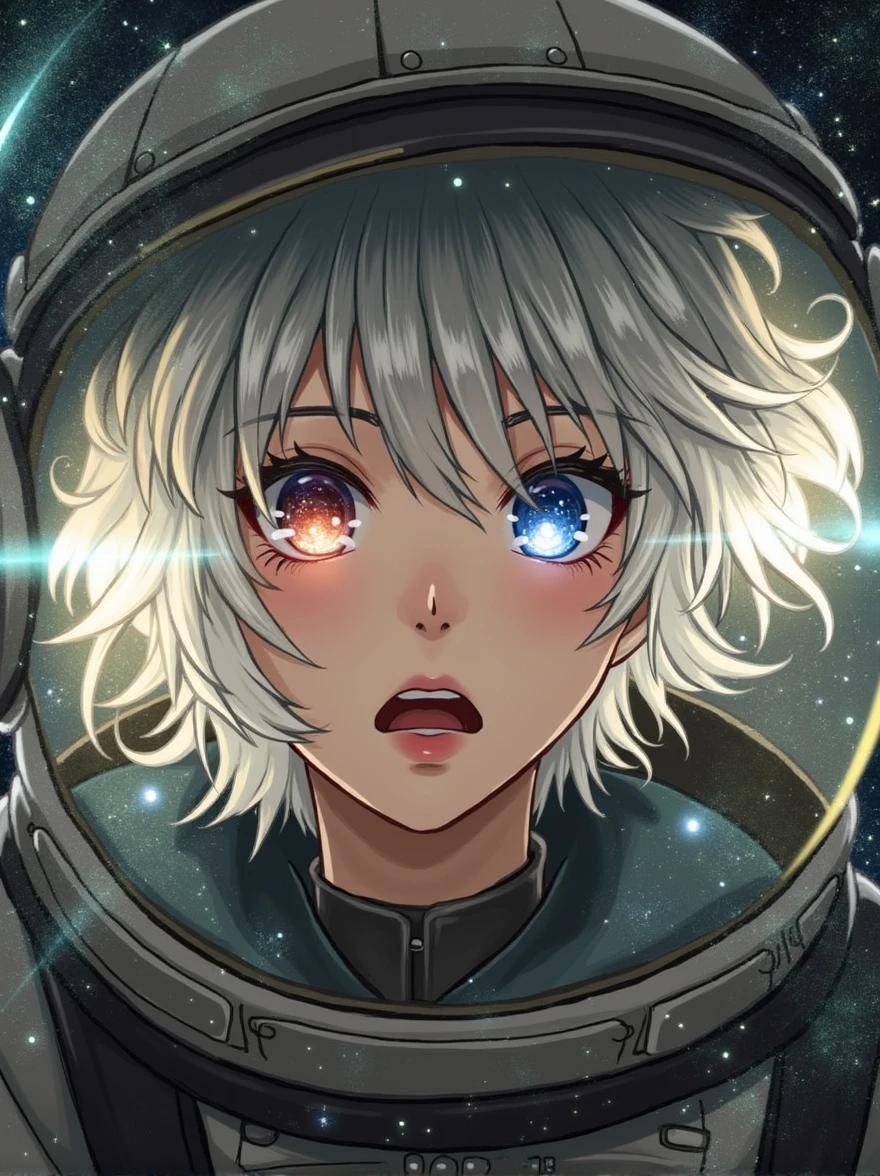 (Close-up of a better masterpiece:1.5)0.9], (Space and astronauts:1.2) (Messy silver hair:1.1) (Heterochromia xanthochromia and blue eyes:1.2) (Space Helmet:1.0) (Colored stars in the eyes:1.0) (A radiant glow:1.1) (thick lips:0.9)