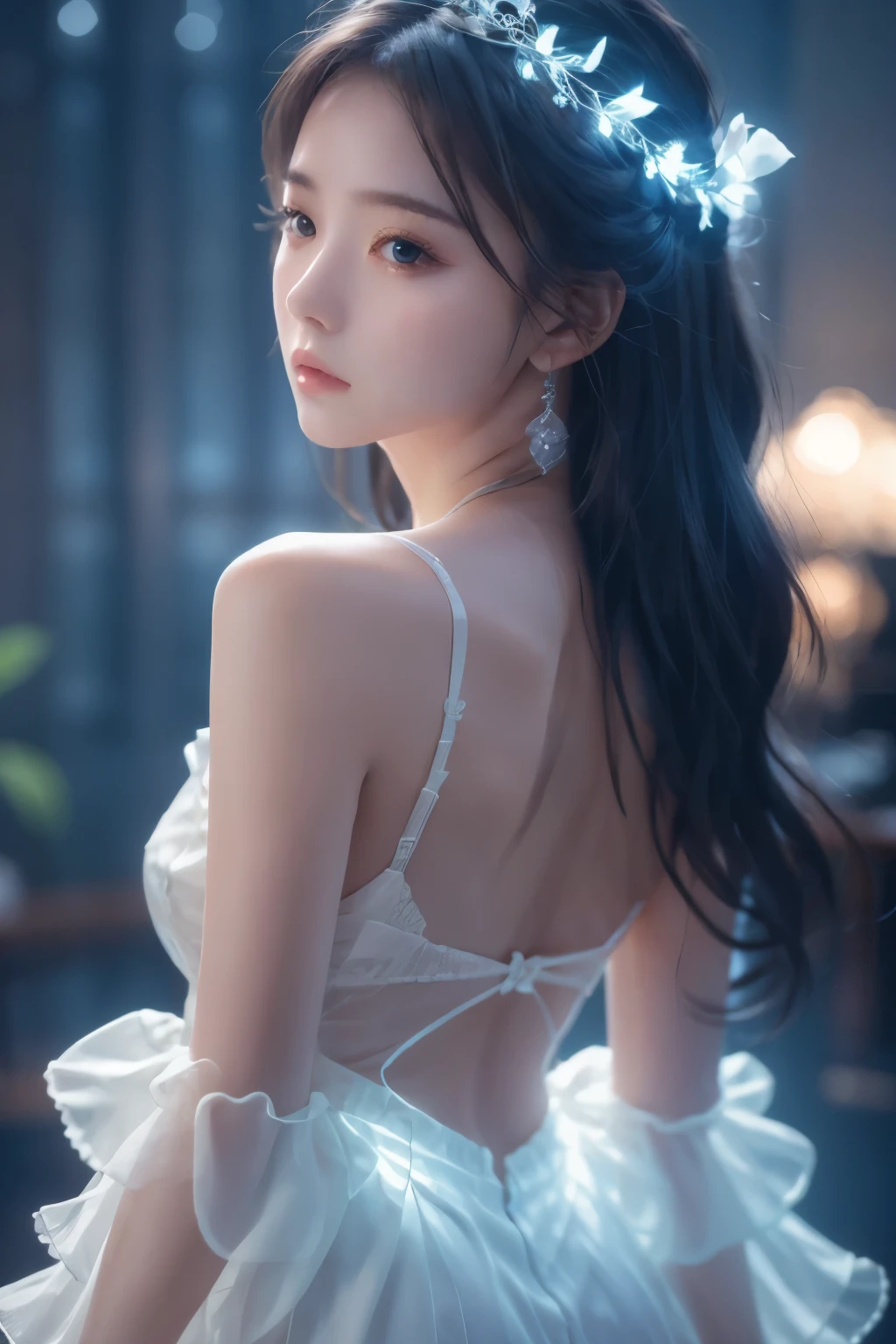 masterpiece, Highest quality, Very detailed, Best Shadow, Beautifully detailed face, Beautiful attention to detail, High Contrast, One girl, Black bare shoulders, (Face Focus:1.3, Eye close-up:1.3), ((From behind:1.3)), Butt,Cute face、Innocent face、Realistic Skin、A noble expression