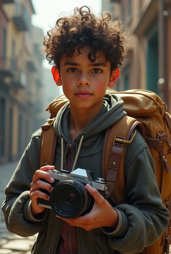 A Latino ager who appears to be of European descent, with white skin and curly brown hair, who carries his camera to capture unusual moments but at the same time is prepared for battle., In a cloth bag he has the infinity gems