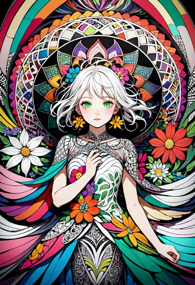 Realistic,High resolution, Highest quality,Official Art, colorful, Very detailed, whole body, beautiful, masterpiece, Highest quality, (zenTangle, colorful, Tangle, enTangle), (Flower Ecstasy:1.2) Dynamic Angle, Girl, the most beautiful form of chaos, elegant, Brutalist Design, Vibrant colors, Romanticism, whole body,The background is silver&green: Surrounded by a white aura、god々Shii、An illustration、、whole body