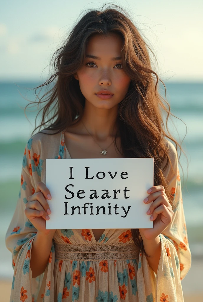 Beautiful girl with wavy long hair, bohemian dress, holding a white board with text "I Love Seaart Infinity" and showing it to the viewer
