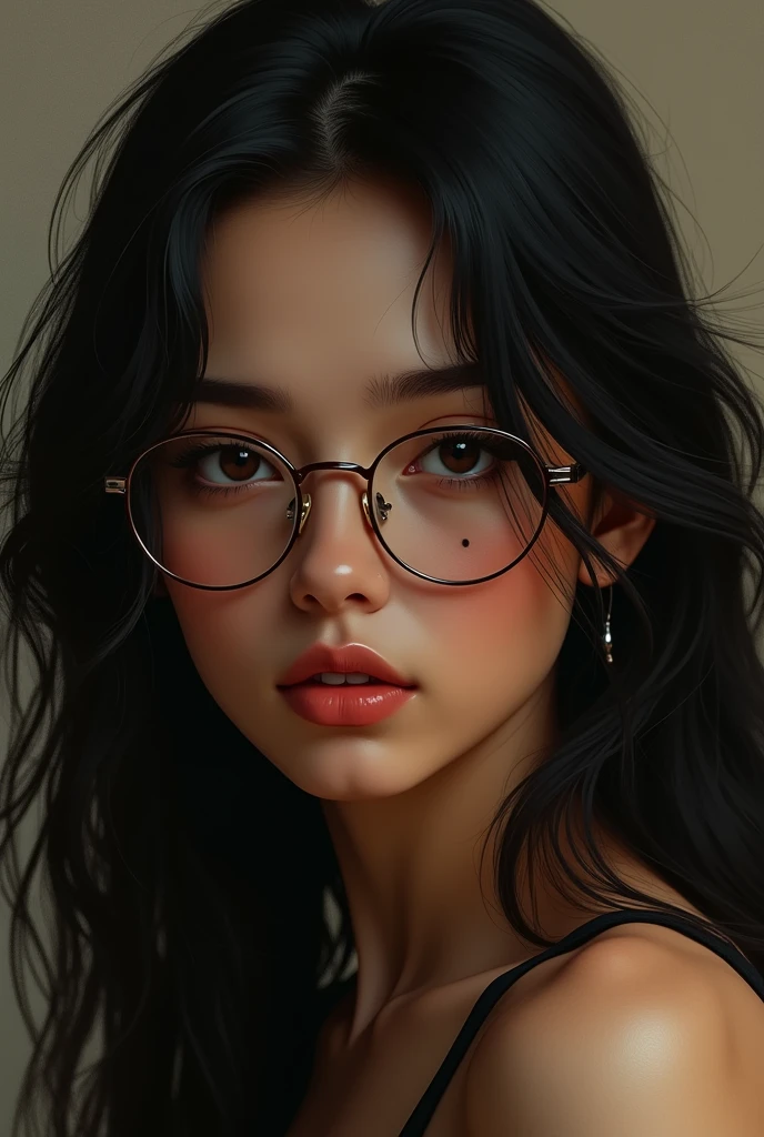 young woman, brown skin, long black hair, slightly thin lips, small, slightly round nose with semi-round glasses, dark brown eyes, two moles on the right cheek 