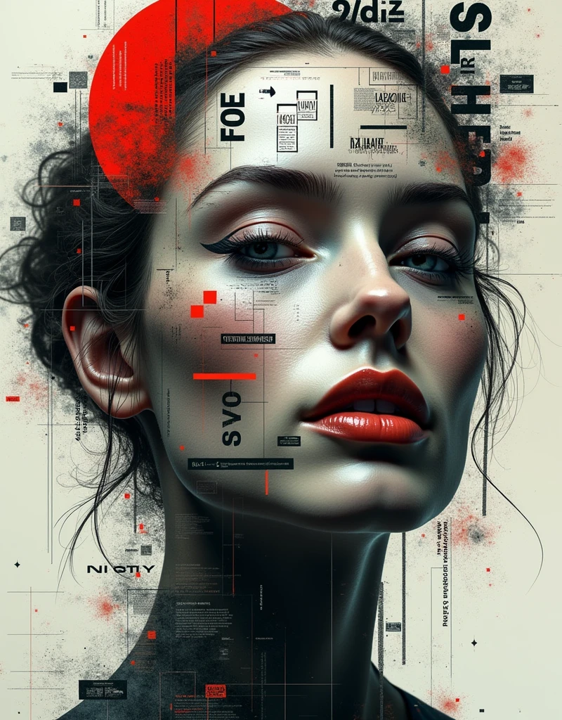 Typography Poster、Strings arranged in the shape of a woman's face、Distorted typography、abstract geometrical shapes、Complex patterns、Striking colors、high quality、professional、masterpiece、Digital Art