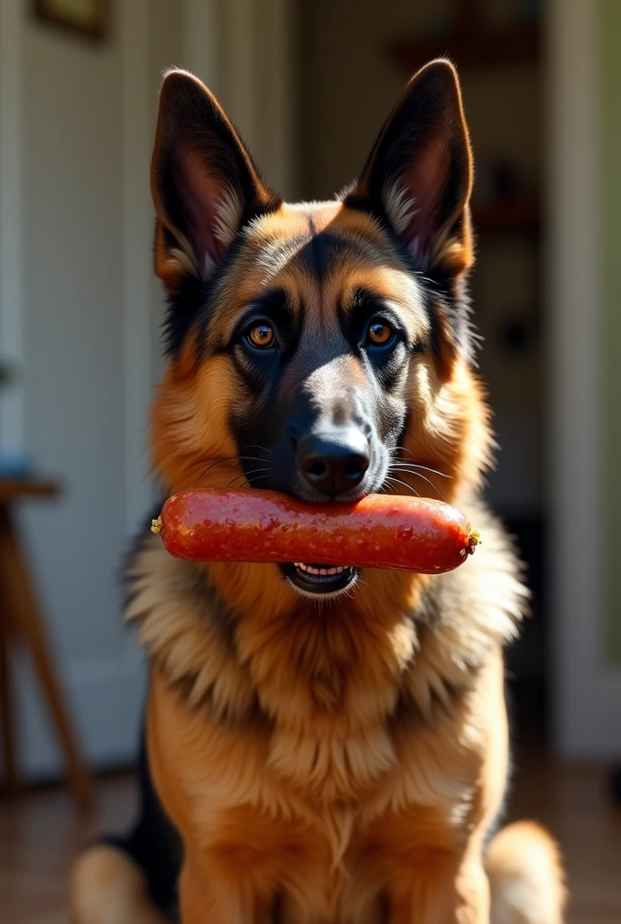 German Shepherd eating sausage while sitting
