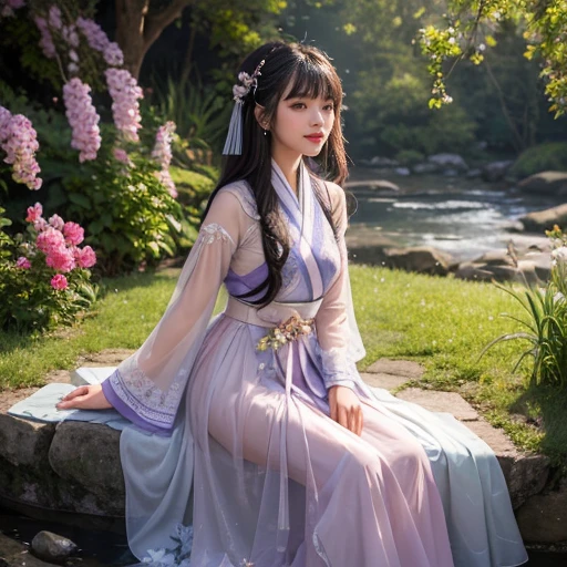 best quality, Delicate face,beautiful visual work, lifelike, eternity, black hair, Long curly hair, blunt bangs, Smile, Detailed Background, Delicate face,blush,cold,((masterpiece))、(top quality)、8k、high detail、Super detailed,21 years old female,Wearing Tang Dynasty Hanfu、waist skirt, Clothes are light and fluffy,Hanfu, wide sleeves, Transparent sleeves, Tunic, Clothes made of chiffon, Seductive and whimsical style、masterpiece、born、Scenes resembling fairy tale illustrations、Intricate details and complex designs、Beautifully、magic、capricious、 Beautifully、Dream aesthetics、「𝓡𝓸𝓶𝓪𝓷𝓽𝓲𝓬、ethereal、charming、fickle、magic」、Realism、Visual effects、FXAA、SSAO、Shaders、voiceless、ambient lighting、Tone mapping、High resolution、Ultra high quality、Million pixels、(8K resolution:1.10)、8k、Below 8K、8K resolution、high detail、intricate details, (high quality:1.2、masterpiece:1.2、:1.21)、(21 years old female:1.21)、(Smile excitedly)、(Surrounded by a dream-like atmosphere、Model diagram,full-body shot,Normal 2 feet,Put your hands behind you,The protrusion of the breast is visible when wearing clothes, Large Breasts, H cup chest, antiquity, Xian Xia, gauze clothes, Soft and fluttering, Fairy, dream, fantasy, light, elegant, nature, Immortal, romantic, classical, ribbon, light purple clothes, By the stream
