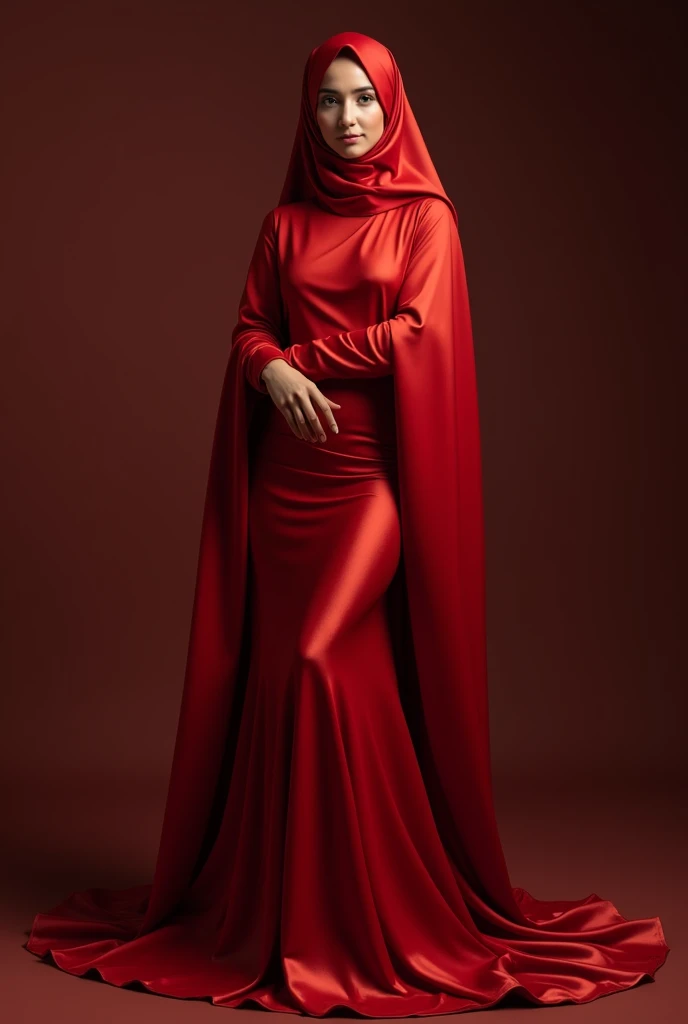 An alluring woman shrouded in a 4-meter-long, plush red satin cloth, tightly bound and grandly draping along the form of her body, flowing off into a pooled floor-length train, styled in a mermaid-inspired outfit, her head modestly veiled in a satin hijab, a full-body pose conveying a sense of mysterious elegance, captured in a 4k resolution, ultra-realistic