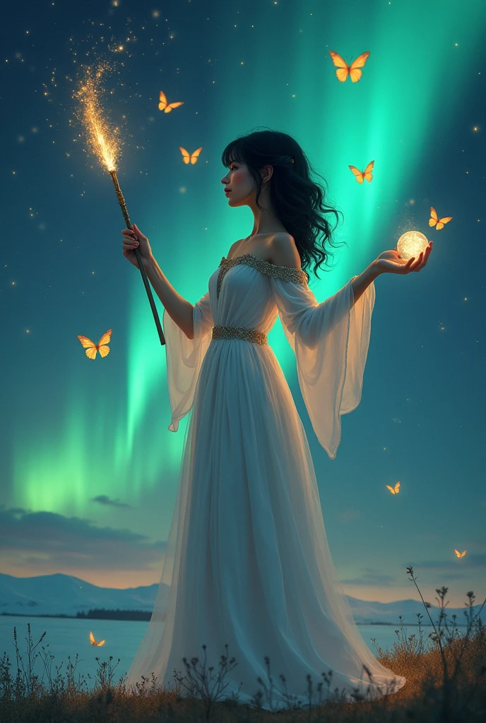 At night a beautiful godness has black hair standing amidst the northern lights in the skysurrounded by golden butterflies, holding a magic wand in one hand, a magic crystal ball in the other, and wearing a simple white witch outfit. Wow! Her appearance has a mysterious charm.