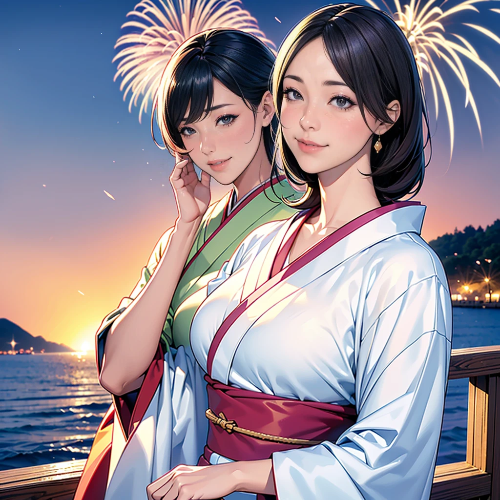 (((Top quality, 8K, masterpiece))), Sharp focus, (Beautiful Women in Perfect Shape), slim, (hairstyle: up)), ((kimono: sugar cane)), street: 1.2 高度详细的脸部和皮肤纹理 细致的眼睛 Double eyelids随意姿势, (Smile),super cute Japan person,super beauty Japanese girl, Realistic face, Double eyelids,Smile,Summer Day Festival , Sunset ,Fireworks background.