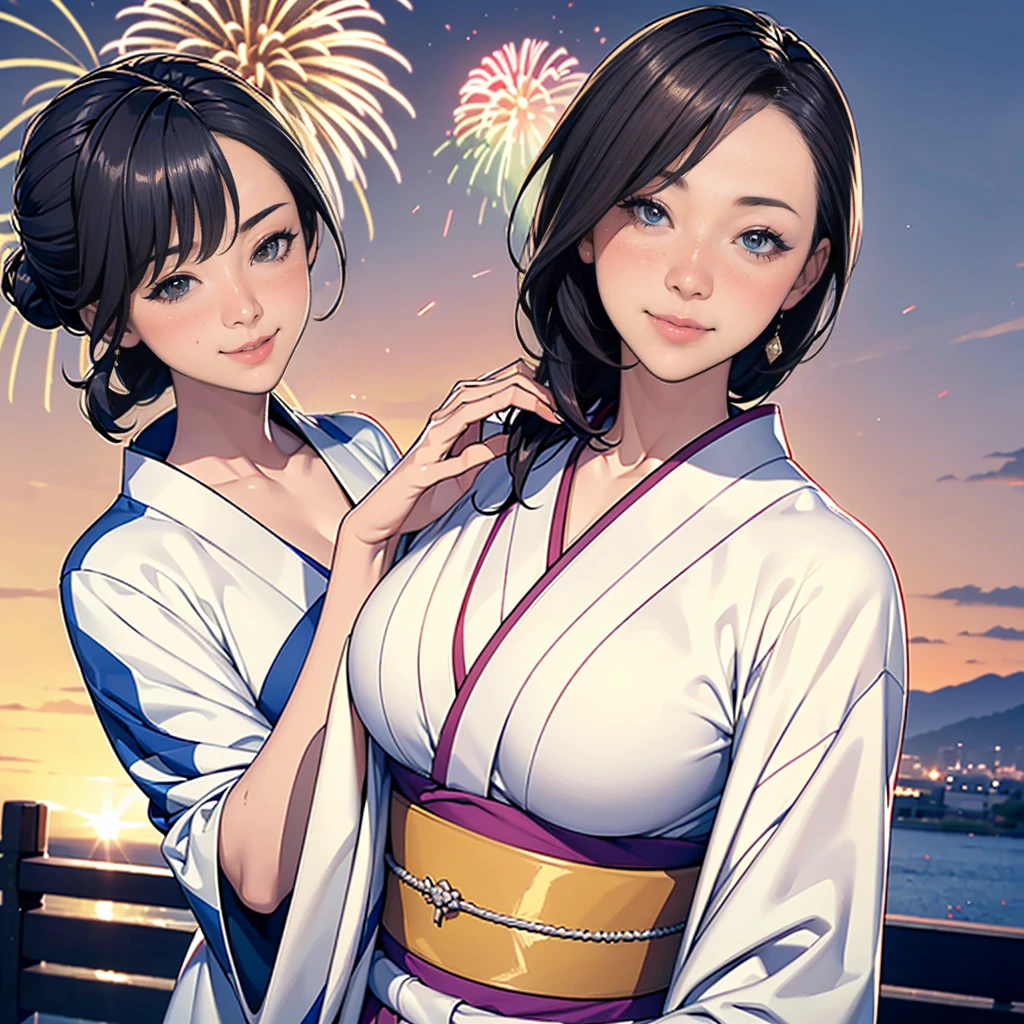 (((Top quality, 8K, masterpiece))), Sharp focus, (Beautiful Women in Perfect Shape), slim, (hairstyle: up)), ((kimono: sugar cane)), street: 1.2 高度详细的脸部和皮肤纹理 细致的眼睛 Double eyelids随意姿势, (Smile),super cute Japan person,super beauty Japanese girl, Realistic face, Double eyelids,Smile,Summer Day Festival , Sunset ,Fireworks background.