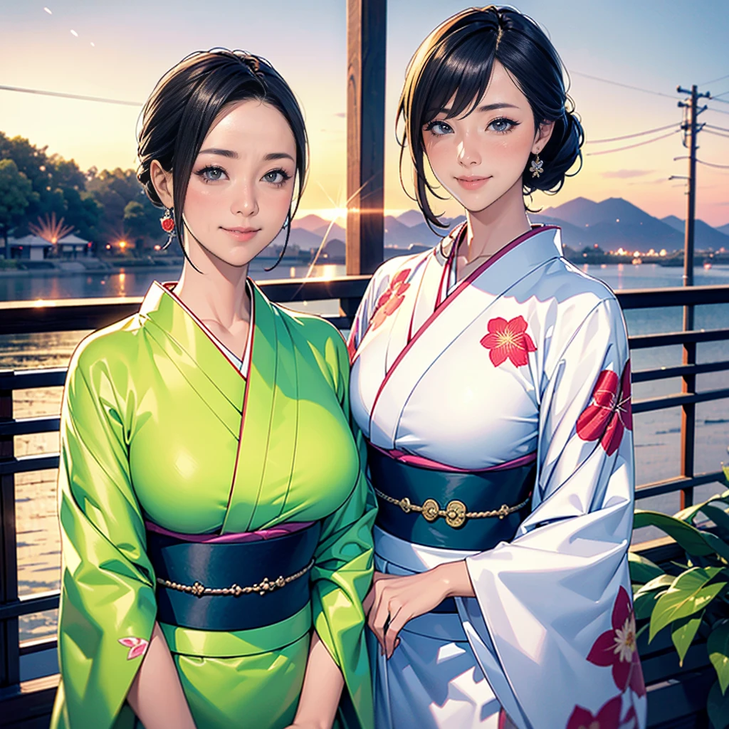 (((Top quality, 8K, masterpiece))), Sharp focus, (Beautiful Women in Perfect Shape), slim, (hairstyle: up)), ((kimono: sugar cane)), street: 1.2 高度详细的脸部和皮肤纹理 细致的眼睛 Double eyelids随意姿势, (Smile),super cute Japan person,super beauty Japanese girl, Realistic face, Double eyelids,Smile,Summer Day Festival , Sunset ,Fireworks background.