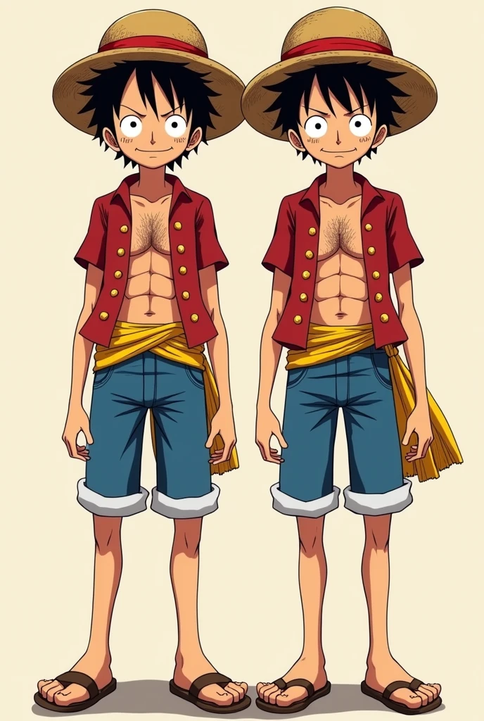 Monkey D. Luffy and a fraternal twin brother beside him. They look exactly alike in heights and appearance.