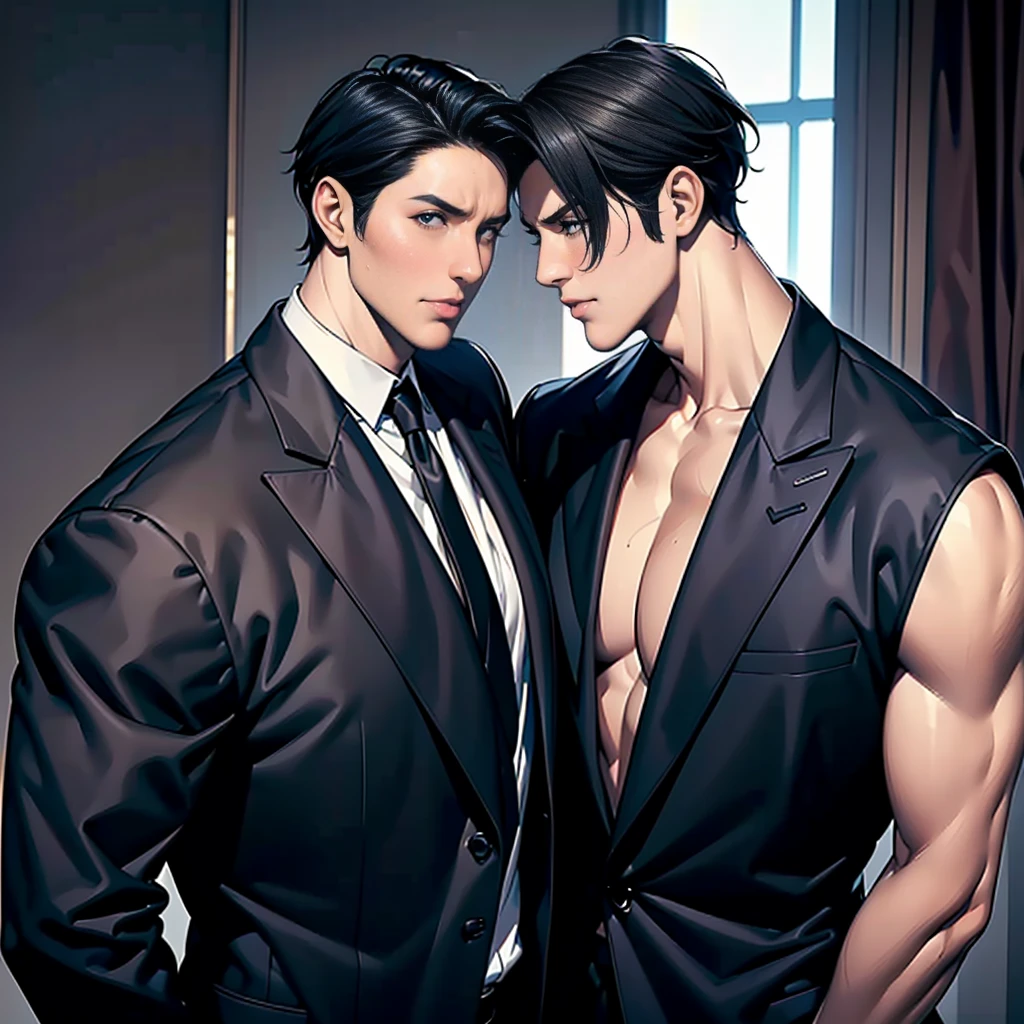 (Maximum resolution, clearly_image) best quality, ((Two men)), Support each other, masterpiece, High Detail, Semi-realistic, Black short hair, Black Hair, Bangs, Mature, young, tall and big, The right side of the body is wearing a black coat, Serious, Tall and handsome, Majestic, Delicate facial features, ((bring))