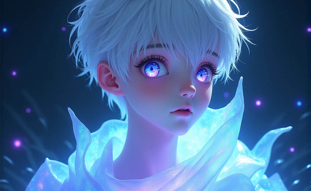 This image portrays an enchanting boy character with a striking, ethereal appearance. The character has pale, almost porcelain-like skin and short, white hair that is slightly tousled. Their eyes are vibrant, with a shimmering quality that reflects a spectrum of blues and purples, giving them a mystical, otherworldly gaze.

The character is draped in a translucent, flowing material that glows with shades of blue, purple, and aqua, reminiscent of the night sky or a galaxy. This material wraps around them, enhancing their celestial and enigmatic aura. The background also contributes to this theme, with a deep, cosmic ambiance filled with subtle, star-like patterns and light trails, which blend seamlessly with the character's attire.

Overall, the image exudes a cool, serene, and magical atmosphere, with the character embodying a celestial or astral being, seemingly beyond the mortal realm. The interplay of light, color, and texture adds depth to the image, making it visually captivating and evocative of a dreamlike world.