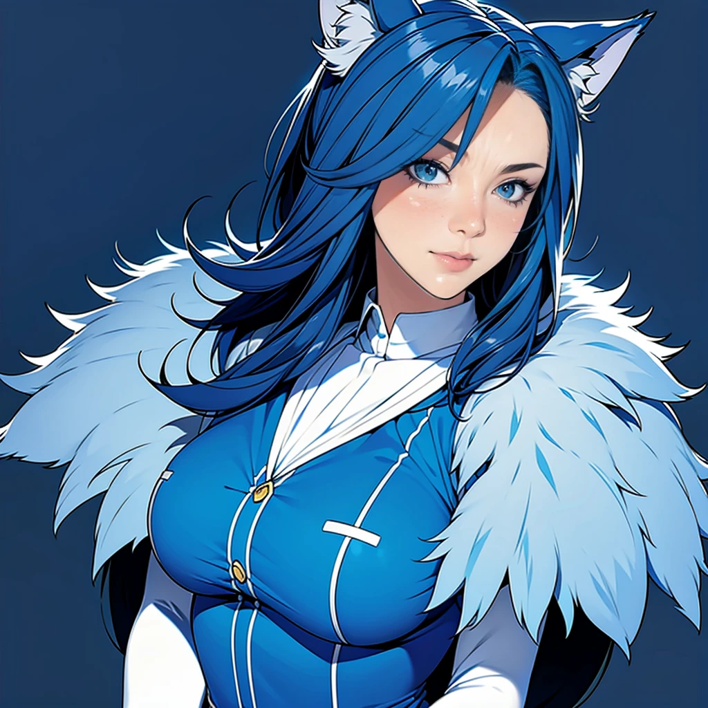 1 Girl, Blue fur, Wolf Girl, Medium breasts, Uniforms, portrait, Simple background, (hairy:1.5)