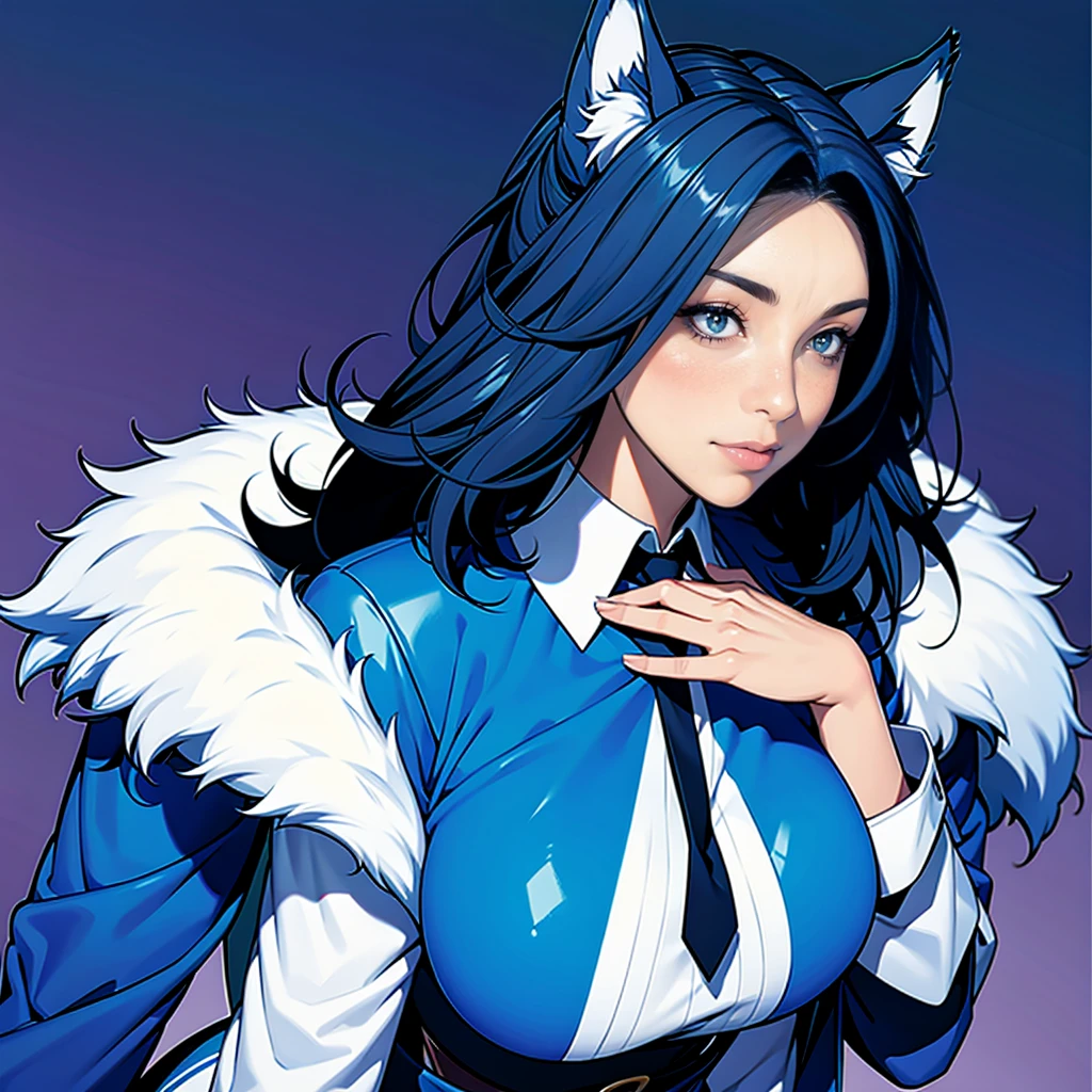 1 Girl, Blue fur, Wolf Girl, Medium breasts, Uniforms, portrait, Simple background, (hairy:1.5) 