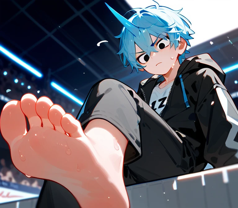 A cute boy showing his stinky feet low angle,barefoot, contempt expression,Sweating on the soles of the feet, Foot Focus,White T-shirt, Wearing a white and black hooded jacket,Unzipped hooded jacket, There are bangs between the eyes,short hair,Light blue hair, Black pants, Anatomically correct, There is a single blue horn in the middle of the head, black eyes, Looking at the audience,Confuse,Sitting on another man's belly,Sit on the stomach,Another man's hands were tied
