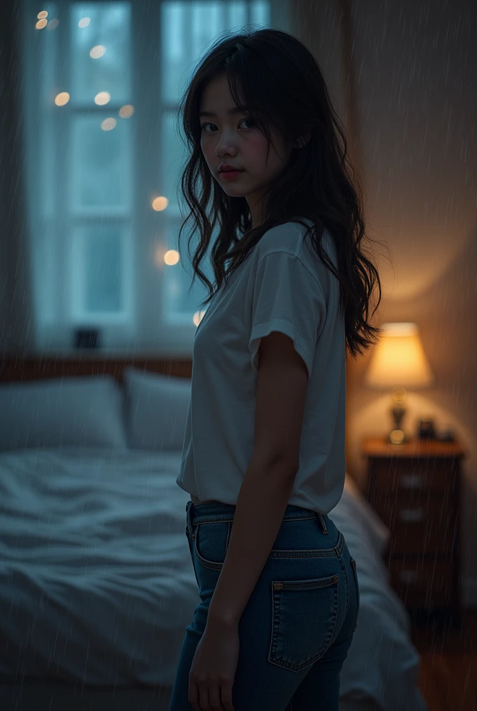 far view full standing behind view but she look at camera cute girl sad face but smiling. beauty of her. at rainy day in night. many bokeh light and front her is blur light. the image show full view that girl body show his head an legs and shoes at the bedroom, with soft light. she wearing long jeans. wearing t shirt.