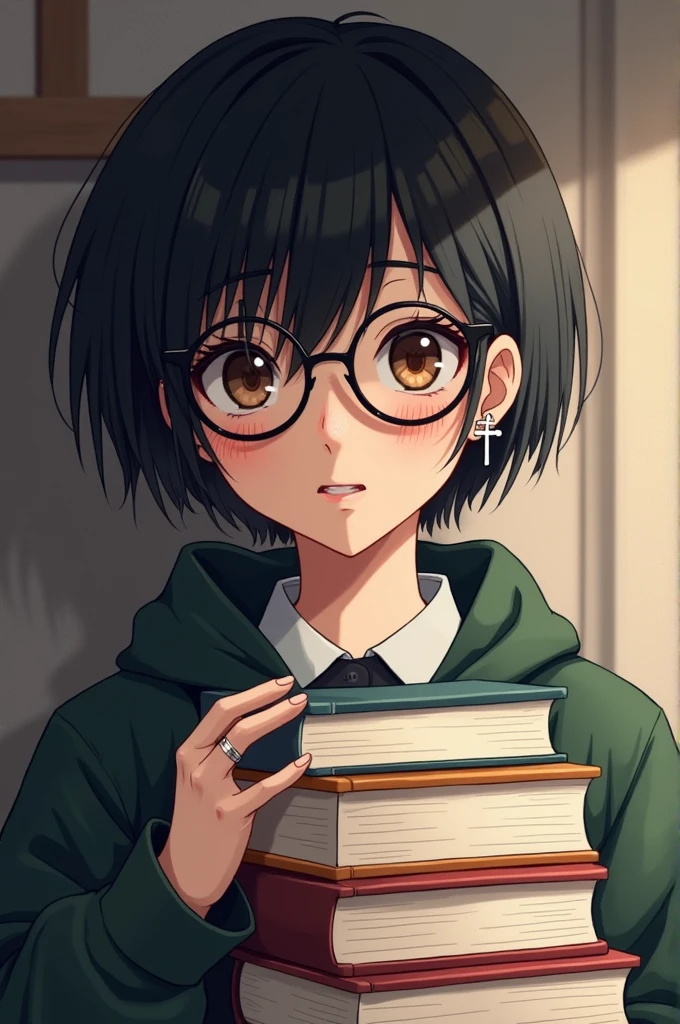 Nerd, Bblack hair, glasses, cross earring, holding books
