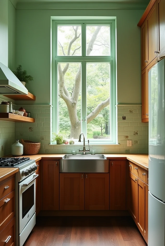 A kitchen with pastel green tiles on the wall, but the countertop near the sink should be wood and the cabinets below should be dark wood colored, that has a silver sink with a large moss green window above it, The kitchen should NOT have floating countertops, It must have a gas stove and a white refrigerator., The kitchen floor should be dark brown