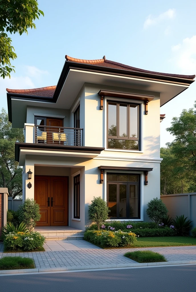 2-storey house design, Thai roof typical of Vietnam. Size 12x8. There is a 20m2 garden. There is a car parking space. Modern style house. Aluminum glass windows. Wooden doors. There are green trees and beautiful flowers around. The wall paint color is light. Yard tiles are 600x600 tiles. Fence made of bricks. Modern entrance gate.