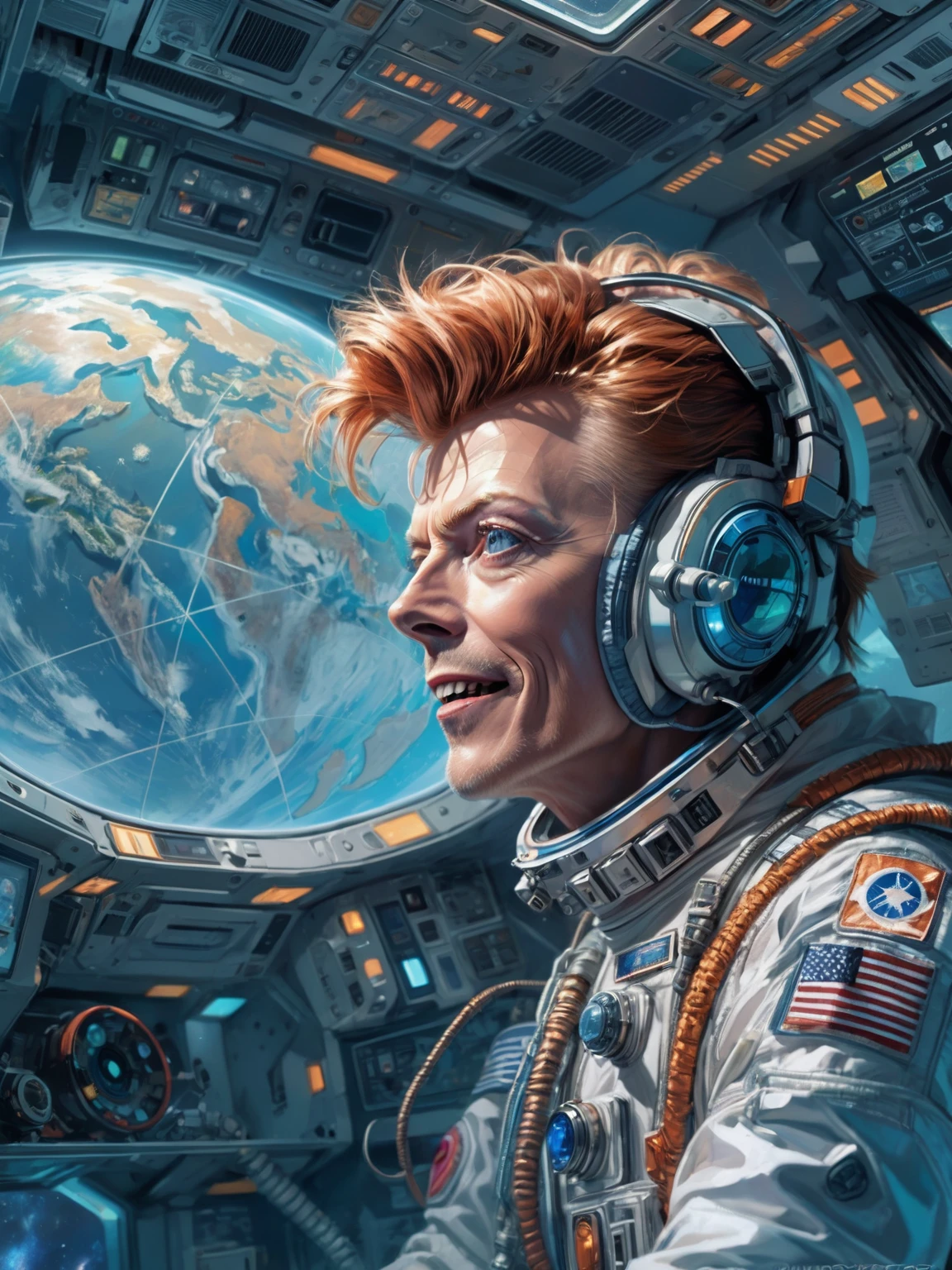 Masterpiece Digital art of David Bowie as Major Tom an astronaut inside a brand new cyberpunk space station (looking at blue Earth:1.2), talking to his friend, happy face, smile on his face, light laughter, detailed face, detailed eyes, detailed exicted expression, (side view:1.2), insanely detailed and intricate, cinematic art by greg rutkowski, directional lighting from the space station window