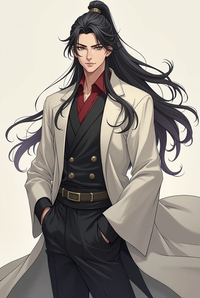 A man with long and flowing hair, dressed in a loose three-piece luxurious coat, Revealing a calm and carefree expression, The style is reminiscent of Chinese martial arts and Japanese anime character design, showcasing a mature artistic style, ( ( character concept art ) ), full body character drawing