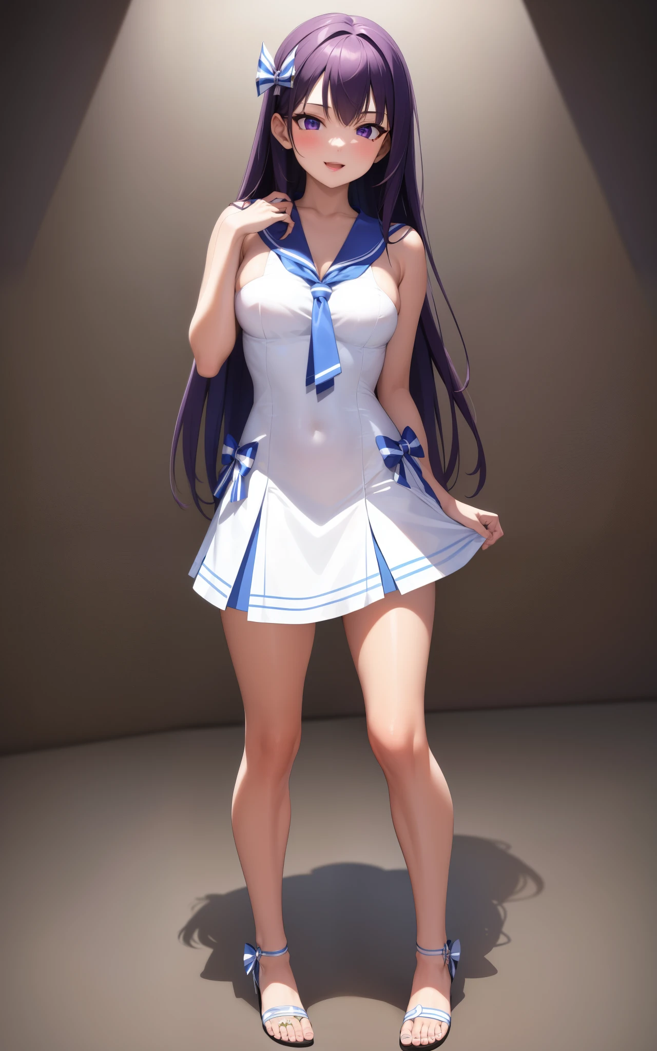 (masterpiece), best quality, intricate details, ultra details, ultra quality, rule of third (looking at viewer) detailed face, detailed iris, glossy lips, 1girl, solo, long hair, purple eyes, hair between eyes, purple hair, hair intakes, bangs, :D, (full body shot head to toe) standing full body (Sailor bikini and Sailor dress striped bow, thighs, sandals, white dress, miniskirt)