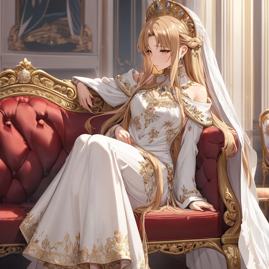 ((Highest quality)), ((masterpiece)), (detailed), （Perfect Face）、The woman is Yuuki Asuna, a Russian with light brown, medium-long hair, an elegant, graceful and beautiful Russian noblewoman, and the Empress of the Great Russian Empire.、The woman is beautifully dressed in the gorgeous and glittering gold-colored Russian court dress of an ancient Russian empress, with gorgeous accessories, and a beautiful and luxurious kokoshnik.、The woman is standing next to a great and dignified old Russian emperor.、The woman sits cozy with the great Russian emperor on a luxurious sofa in the palace.、The woman is sitting on a luxurious sofa in the palace hugging and kissing the great old Russian emperor.