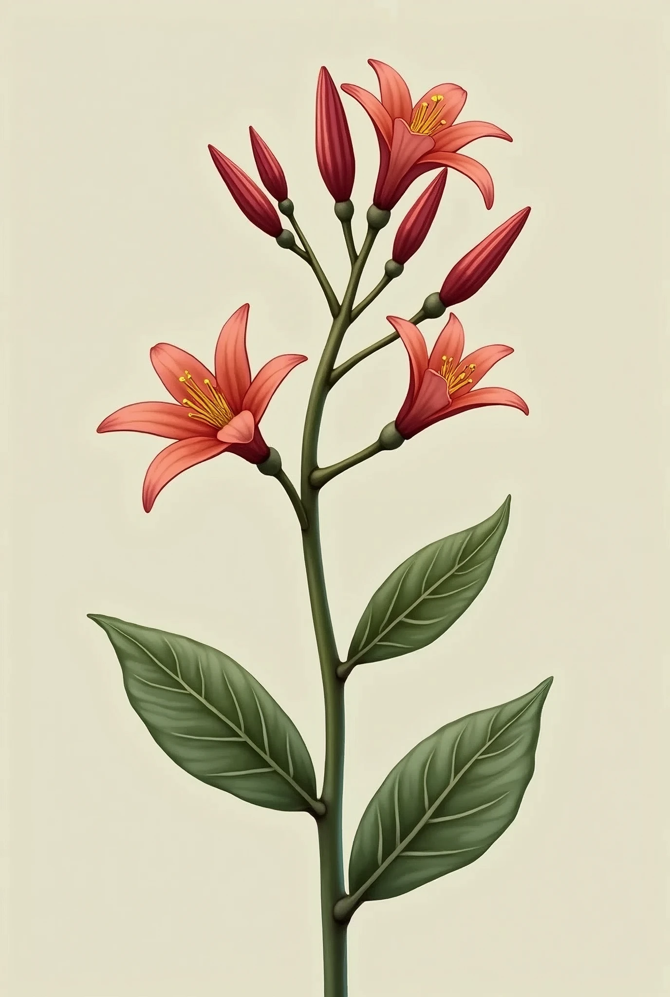 A flower with 7 petals, the branch is in the shape of an S and on one side of the curve of S there are 7 points from large to small and on the other curve of S there are two leaves. 
