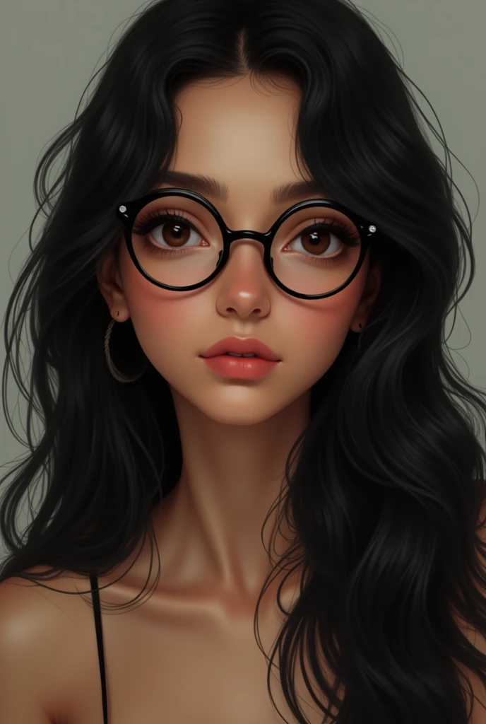 young woman, brown skin, long black hair, slightly thin lips, small, slightly round nose with semi-round glasses, dark brown eyes, two moles on the right cheek