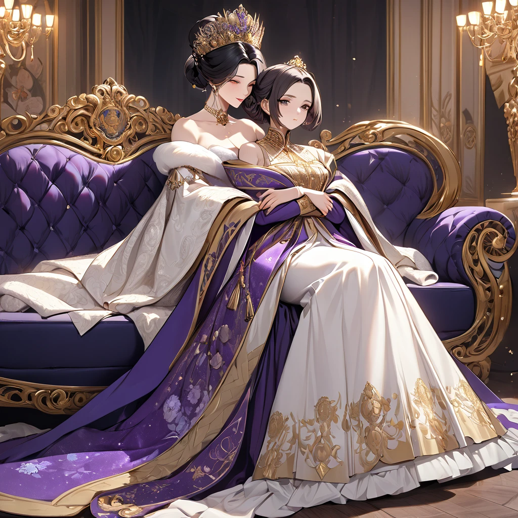((Highest quality)), ((masterpiece)), (detailed), (Perfect Face)、The woman is Shinobu Kocho, a Russian with black hair with purple gradient ends, tied in a bob hairstyle, an elegant, graceful and beautiful Russian noblewoman, and the Empress of the Great Russian Empire.、The woman is beautifully dressed in the gorgeous, glittering gold-colored Russian court dress of an ancient Russian empress, accessorized with luxurious accessories and kokoshniks.、The woman is standing next to a great and dignified old Russian emperor.、The woman is sitting on a luxurious sofa in the palace hugging and kissing the great old Russian emperor.