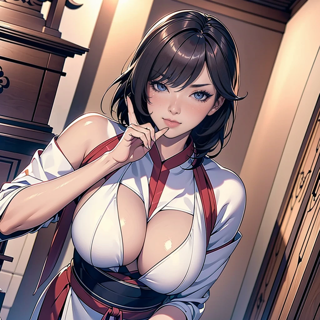 (Extremely detailed CG unity 8k wallpaper),(masterpiece), (best quality), (Extremely detailed), (Best Illustration),(Best shadow), (Sharp eyeliner, Eyeshadow, Delicate eyes:1.1),shrine,Miko costume,Large Breasts,