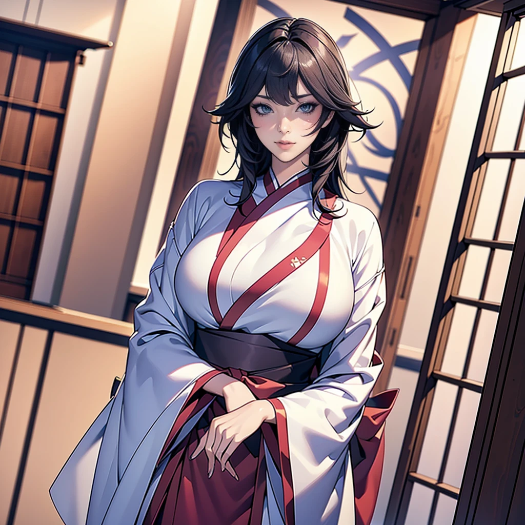 (Extremely detailed CG unity 8k wallpaper),(masterpiece), (best quality), (Extremely detailed), (Best Illustration),(Best shadow), (Sharp eyeliner, Eyeshadow, Delicate eyes:1.1),shrine，Miko costume，Large Breasts，