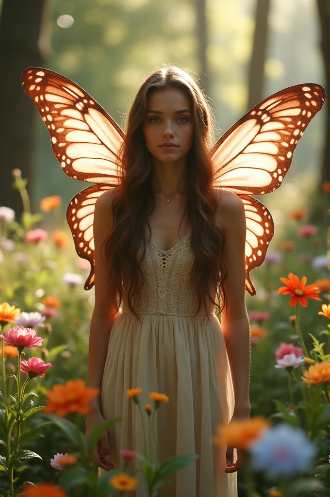 A young gorgeous woman with long brunette hair as a fairy with butterfly wings in a fairy forest with many colorful flowers, dreamy, blurred background