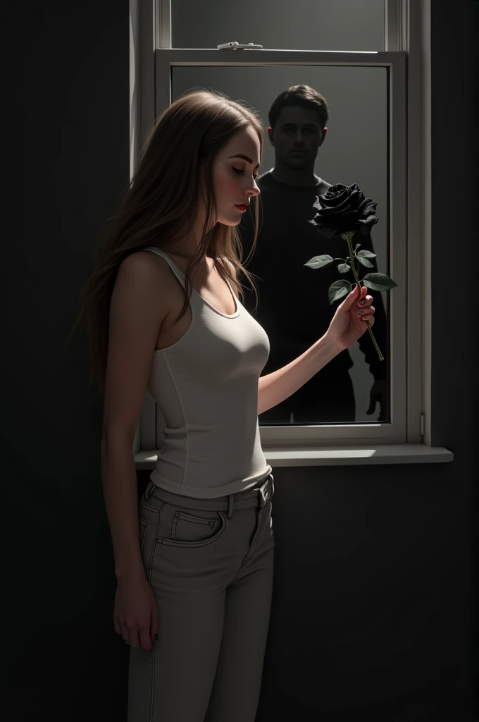 The image shows a woman with long brown hair, wearing light pants and a white tank top, holding a black rose and staring at the flower. She is in a dark and mysterious environment, with a window behind it, where you can see a shadowy figure, a man in a black sweatshirt watching her. The woman appears to be in a romantic and enigmatic situation.