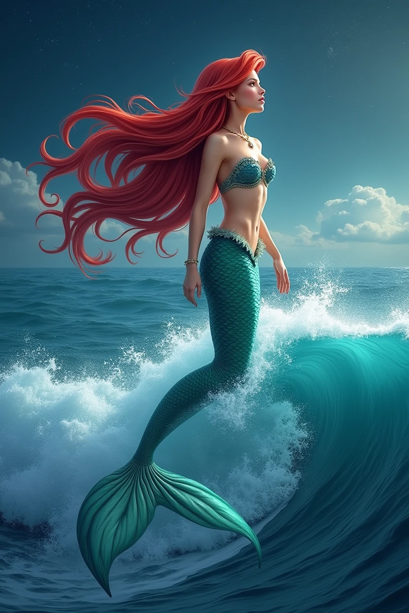 beautiful girl standing on a wave in an huge ocean, mermaid  with fish-tail, red hair, fantasy, beautiful body and face, power woman, fantastic scene, starry night, reference from Aqquaman, Little mermaid