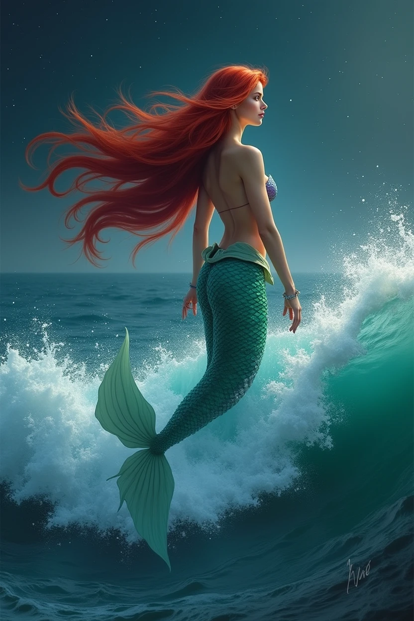 beautiful girl standing on a wave in an huge ocean, mermaid  with fish-tail, red hair, fantasy, beautiful body and face, power woman, fantastic scene, starry night, reference from Aqquaman, Little mermaid