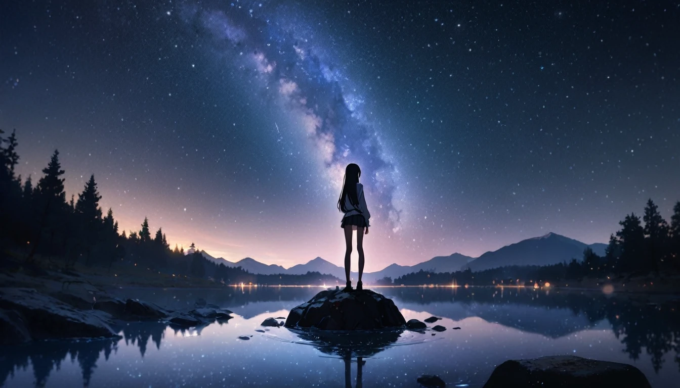 1girl, anime girl, skirt, standing on a rock, skinny, slim, long hair, full body, looking at the sky, very dark, at night, full of stars, milky way, moon, lots of stars, mountains, lake, forest, one commet, particles, masterpiece, best quality, very aesthetic, absurdres