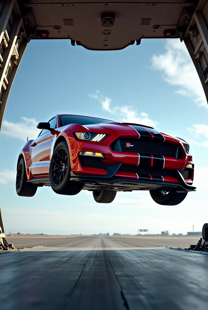 2018 Ford Mustang Shelby jumping out of a cargo plane
