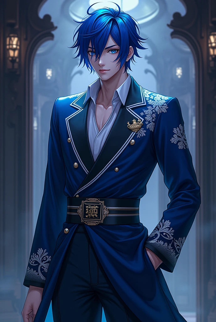 Record of ragnarok handsome demon with medium short blue hair and blue eyes with a blue kimono style white and blue and black suit and dark blue pants serious and psychopathic personality Yukio version of soul of yokai from the game or take genius
