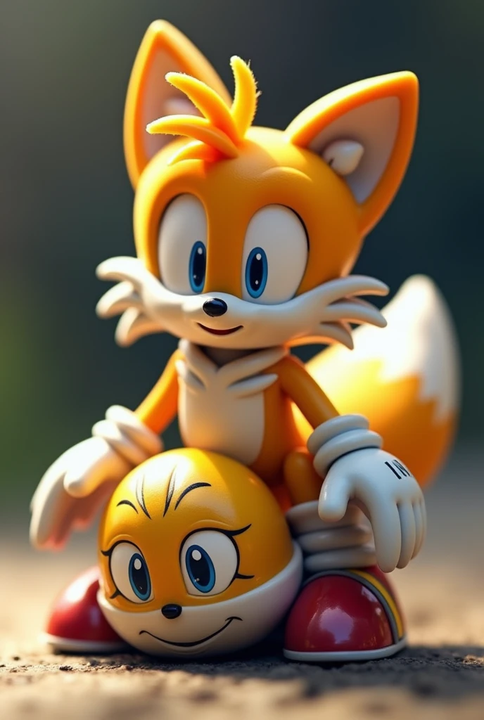 "Tails" The fox from the famous Sonic the Hedgehog game is sitting on top of a tiny 2-centimeter Doctor Eggman, while "Tails" He is seen with a cruel but funny and tender smile, the doctor is crushed and flattened under Tails' ass.