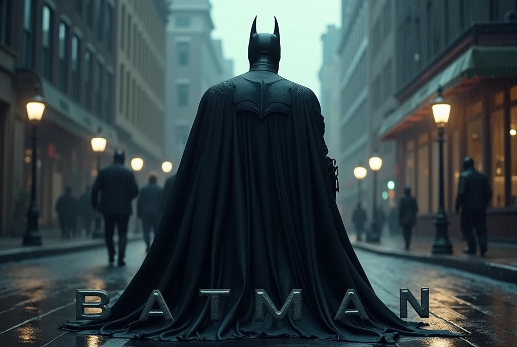 Batman approaching the viewer on a rainy street, The caption in the center of the poster reads 'BATMAN', show all of him head to toe, grim, edgy