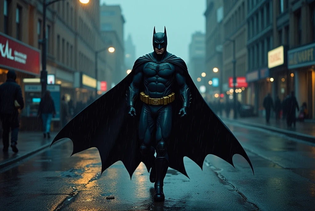 Batman approaching the viewer on a rainy street, The caption in the center of the poster reads 'BATMAN', show all of him head to toe, grim, edgy
