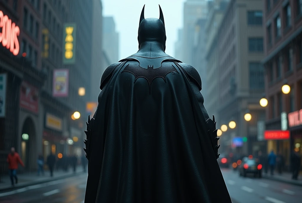 Batman approaching the viewer on a rainy street, The caption in the center of the poster reads 'BATMAN', show all of him head to toe, grim, edgy